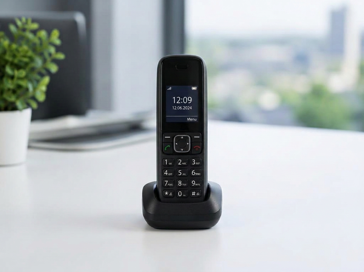 A single unbranded black cordless DECT handset in its charging cradle