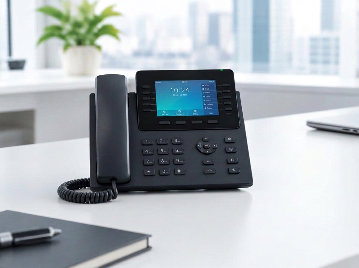 A single unbranded black IP desk phone with a colour screen on an office desk