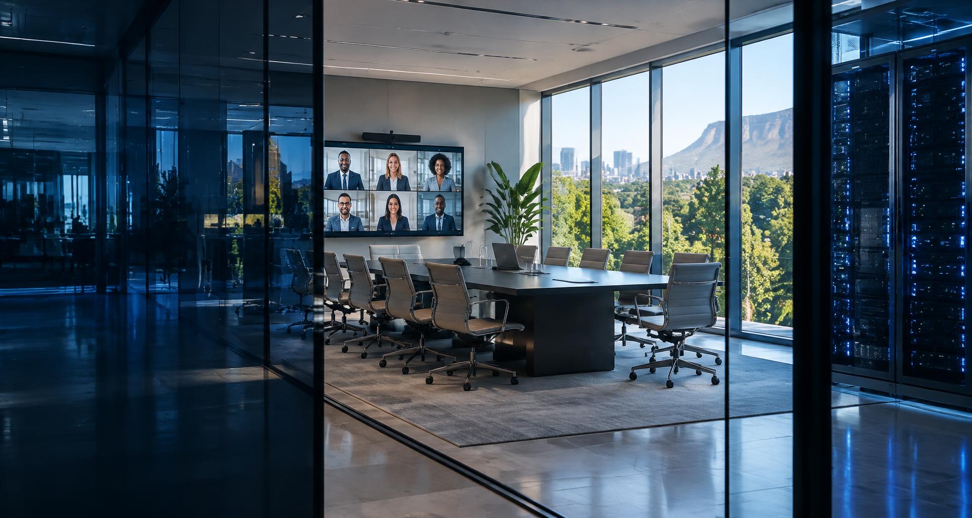Modern corporate video conferencing boardroom alongside enterprise server infrastructure