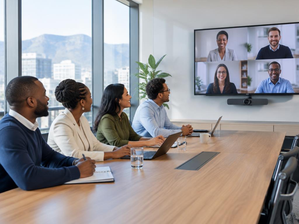 Business team in a boardroom meeting with remote colleagues using a conference camera and screen